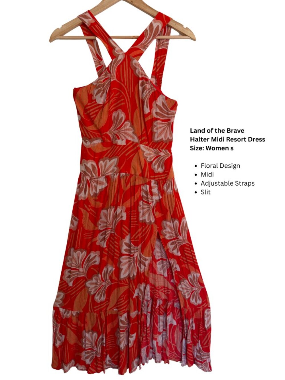 Land of the Brave Halter Midi Resort Dress Red Floral Women’s Size S